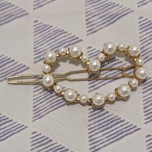 Vintage Gold and White Faux Pearl Heart Shaped Hair Barrette